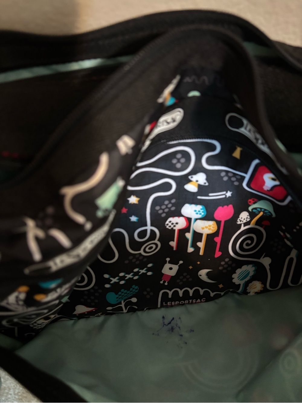 LeSportsac Deluxe Everyday Bag: Black with fun alien print. - Picture 4 of 4